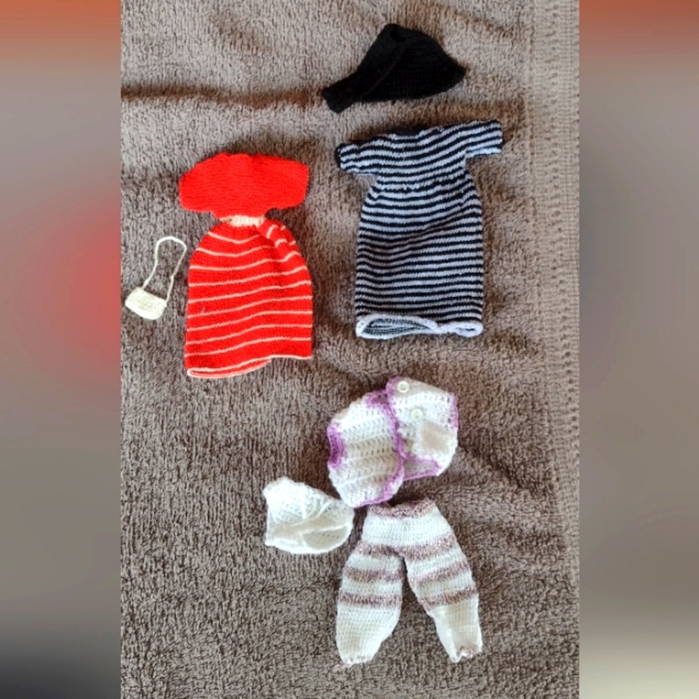 lot of 7 pieces of handmade Barbie clothes and accessories.